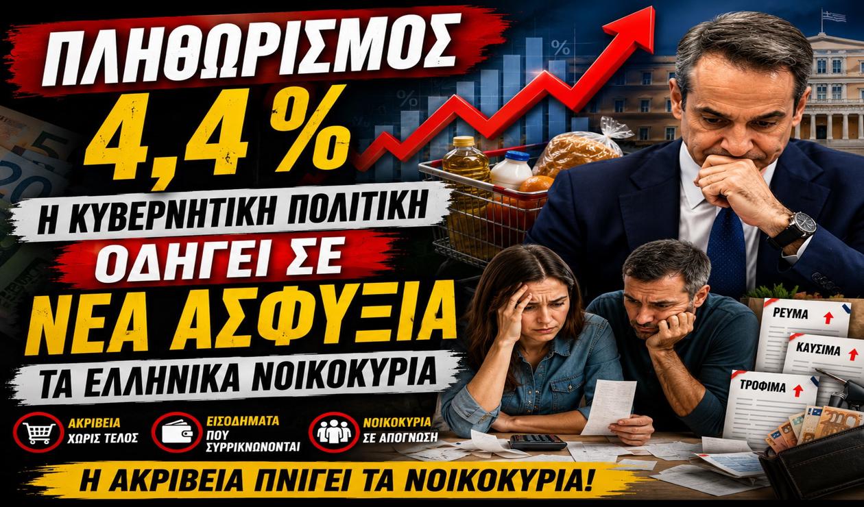 Πληθωρισμός 4,4%: Η κυβερνητική πολιτική οδηγεί σε νέα ασφυξία τα ελληνικά νοικοκυριά