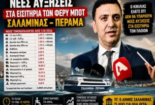 Σαλαμίνα – Πέραμα: Αυξήσεις στα εισιτήρια παρά τις διαβεβαιώσεις Κικίλια ότι δεν θα υπάρξουν νέες ανατιμήσεις